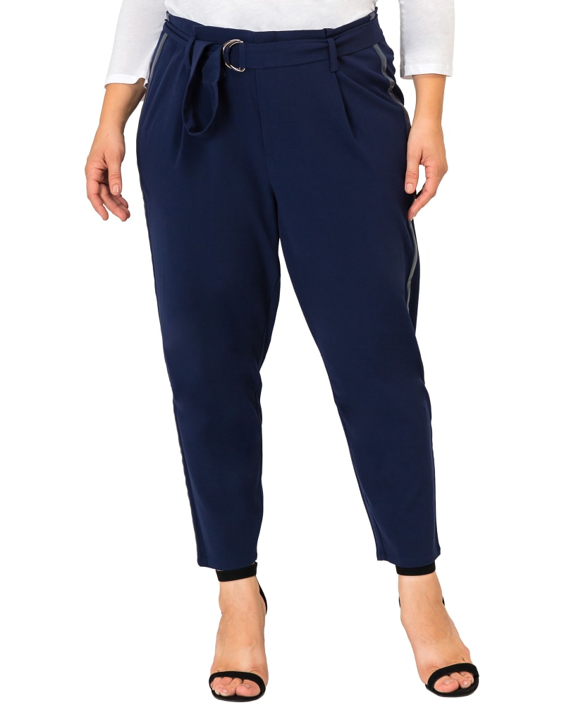 Front of a model wearing a size 14 Isla Paper Bag Waist Suit Pants in Midnight Blue by Standards & Practices. | dia_product_style_image_id:275763
